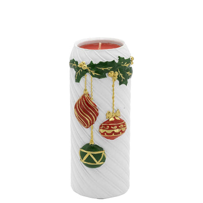 Bagutta Portacandela Cilindrico Natalizio Bianco con Palline Rosse e Verdi 6,5x14 cm Tealight Inclusa