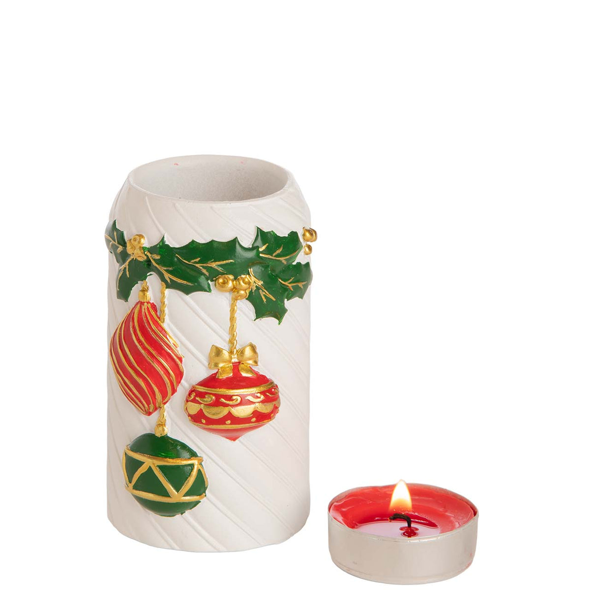 Bagutta Portacandela Cilindrico Natalizio Bianco con Palline Rosse e Verdi 6,5x14 cm Tealight Inclusa