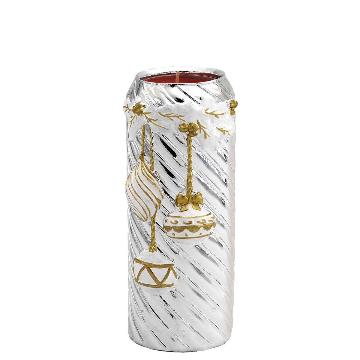Bagutta Portacandela Cilindrico Natalizio Argento con Palline Oro 6,5x14 cm Tealight Inclusa