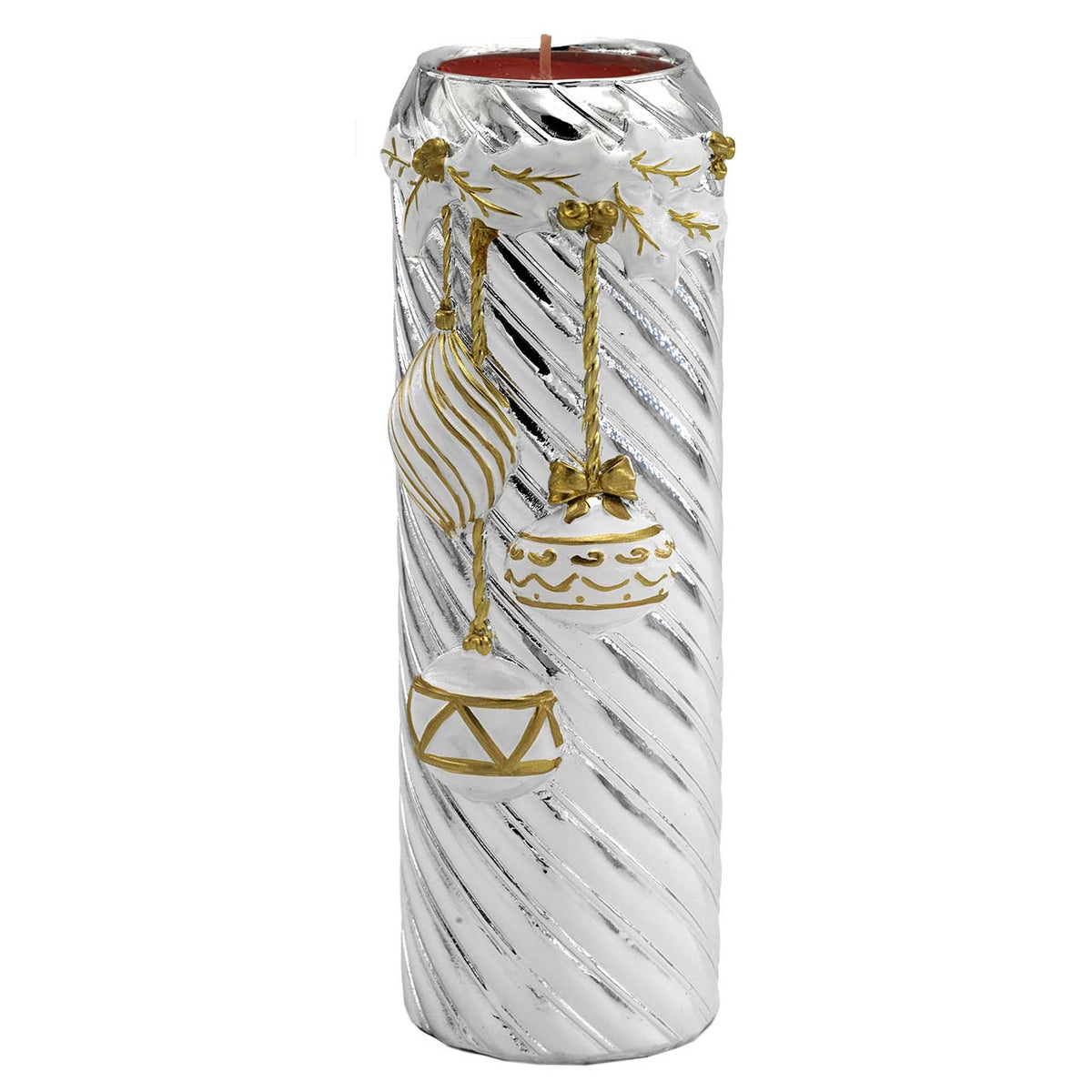 Bagutta Portacandela Cilindrico Natalizio Argento con Palline Oro 6,5x17 cm Tealight Inclusa