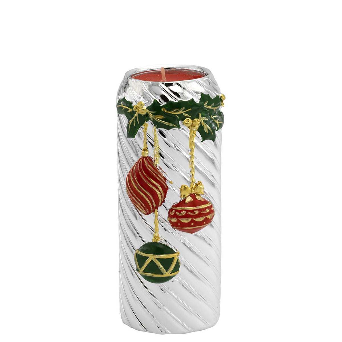 Bagutta Portacandela Cilindrico Natalizio Argento con Palline Rosse e Verdi 6,5x14 cm Tealight Inclusa