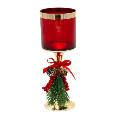Bagutta Candeliere Natalizio in Vetro Rosso con Base Oro e Pigne 28 cm