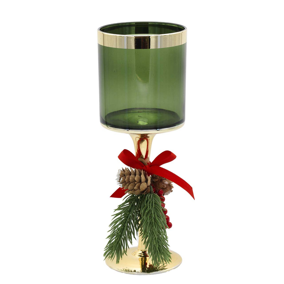 Bagutta Candeliere Natalizio in Vetro Verde con Base Oro e Pigne 28 cm