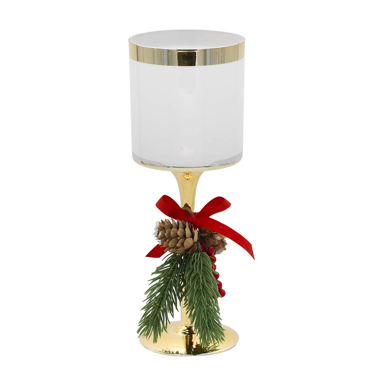 Bagutta Candeliere Natalizio in Vetro Bianco con Base Oro e Pigne 28 cm