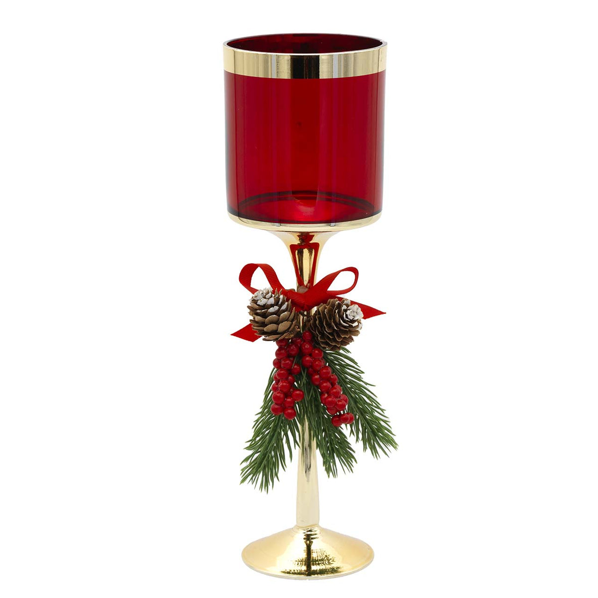Bagutta Candeliere Natalizio in Vetro Rosso con Base Oro e Pigne 33 cm