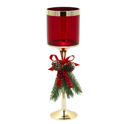 Bagutta Candeliere Natalizio in Vetro Rosso con Base Oro e Pigne 33 cm