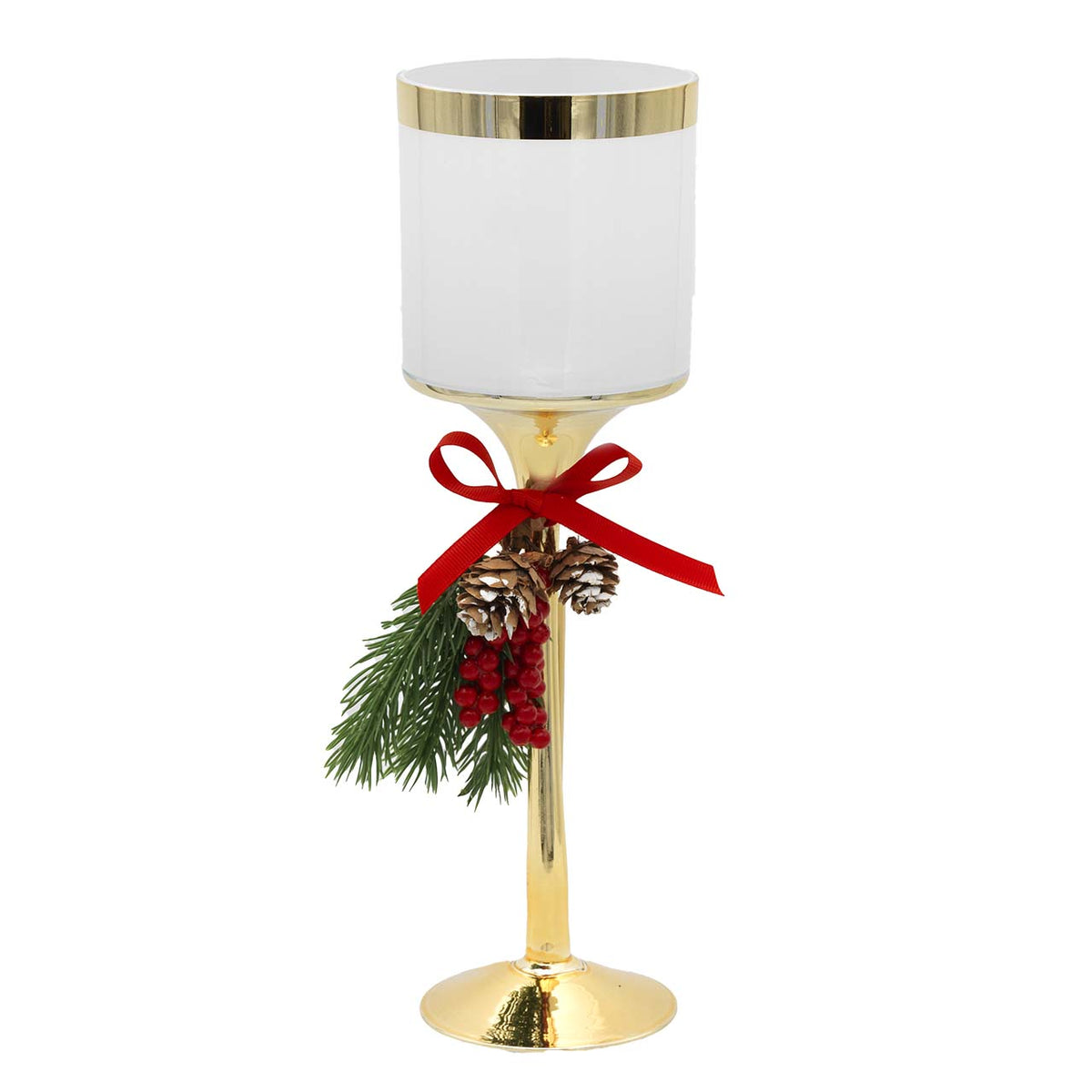 Bagutta Candeliere Natalizio in Vetro Verde con Base Oro e Pigne 33 cm