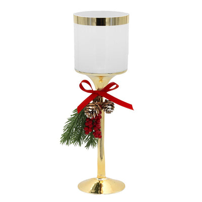 Bagutta Candeliere Natalizio in Vetro Verde con Base Oro e Pigne 33 cm
