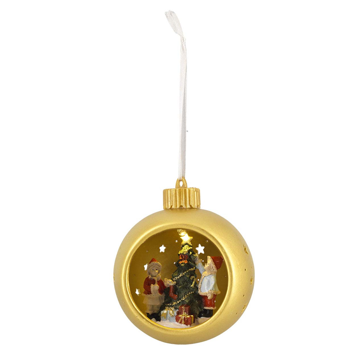 Bagutta Sfera Natalizia in Ceramica LED Oro con Bambini e Albero Ø 11 cm