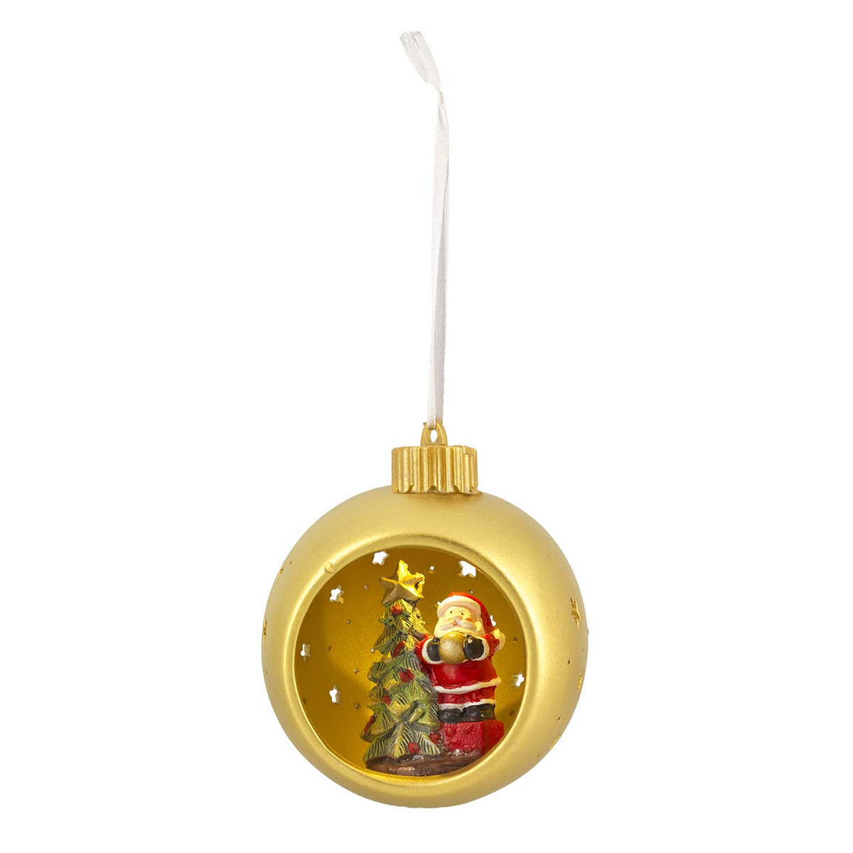 Bagutta Sfera Natalizia in Ceramica LED Oro con Babbo Natale e Albero Ø 11 cm