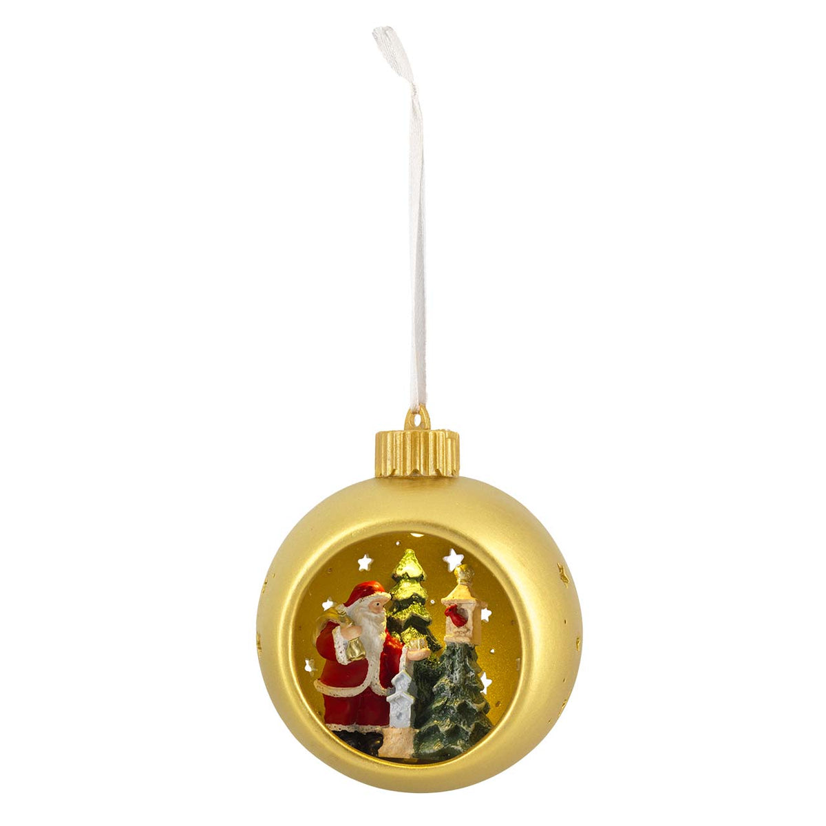 Bagutta Sfera Natalizia in Ceramica LED Oro con Babbo Natale e Cassetta Postale Ø 11 cm