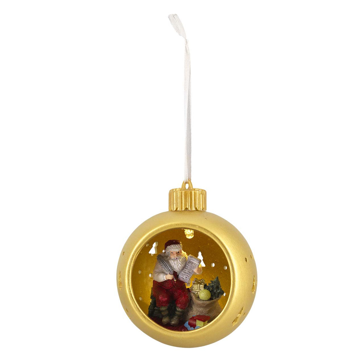Bagutta Sfera Natalizia in Ceramica LED Oro con Babbo Natale che Legge Ø 11 cm