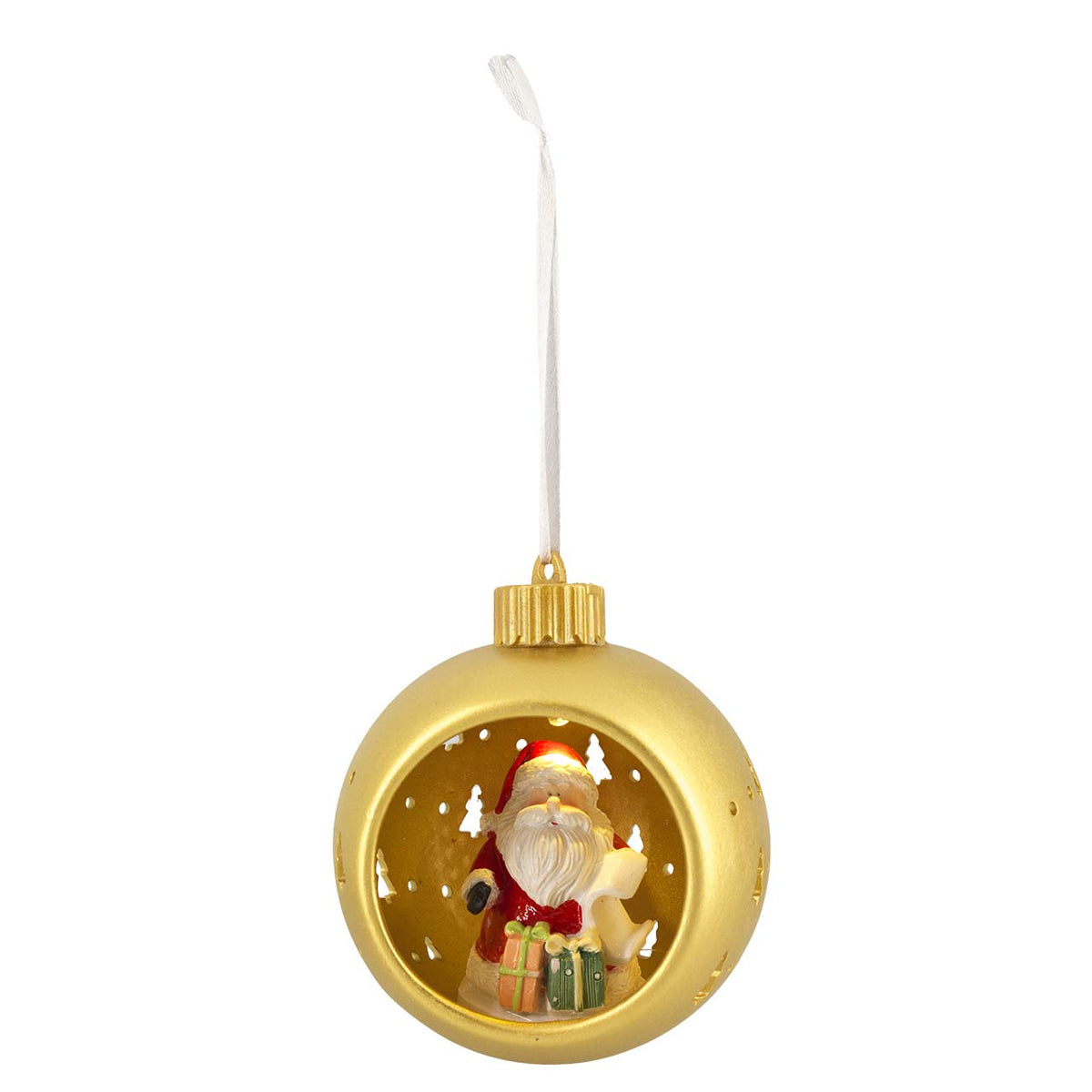Bagutta Sfera Natalizia in Ceramica LED Oro con Babbo Natale e Regali Ø 11 cm