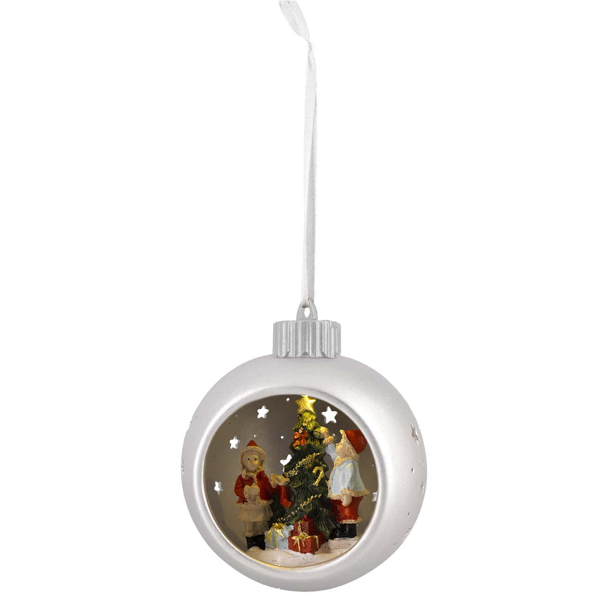 Bagutta Sfera Natalizia in Ceramica LED Argento con Bambini e Albero Ø 11 cm