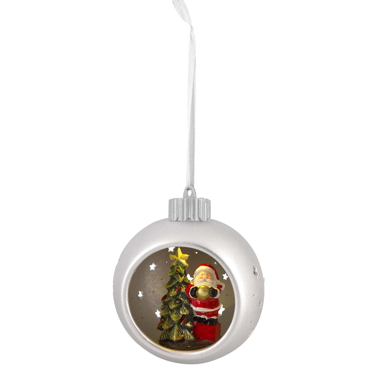 Bagutta Sfera Natalizia in Ceramica LED Argento con Babbo Natale e Albero Ø 11 cm