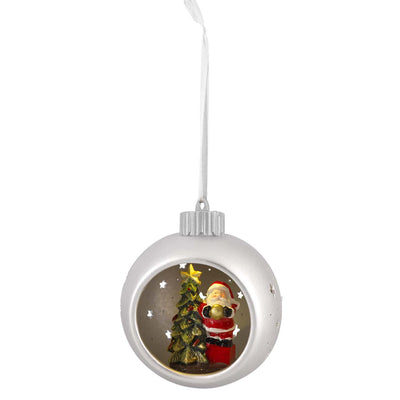 Bagutta Sfera Natalizia in Ceramica LED Argento con Babbo Natale e Albero Ø 11 cm