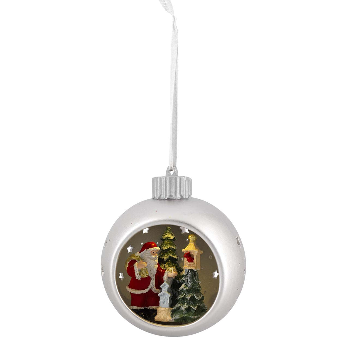 Bagutta Sfera Natalizia in Ceramica LED Argento con Babbo Natale e Cassetta Postale Ø 11 cm