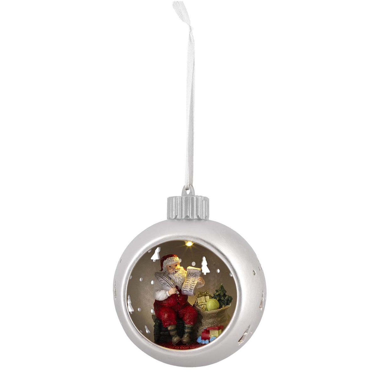Bagutta Sfera Natalizia in Ceramica LED Argento con Babbo Natale che Legge Ø 11 cm