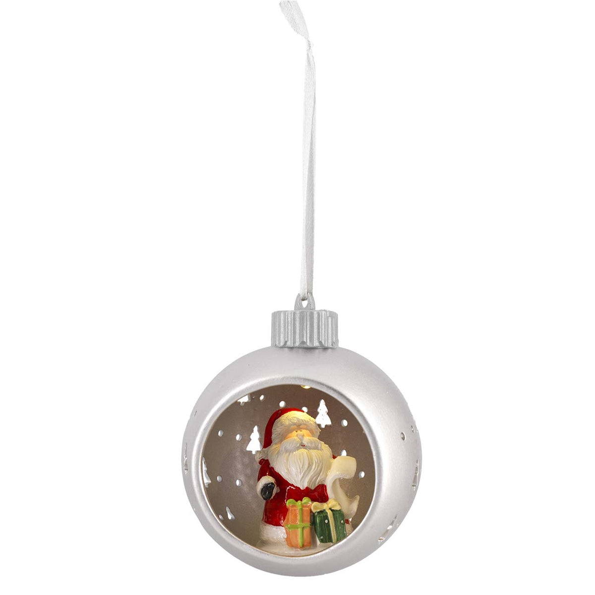 Bagutta Sfera Natalizia in Ceramica LED Argento con Babbo Natale e Regali Ø 11 cm