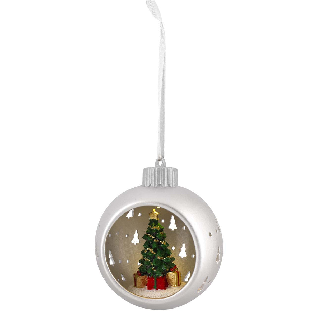 Bagutta Sfera Natalizia in Ceramica LED Argento con Albero e Regali Ø 11 cm