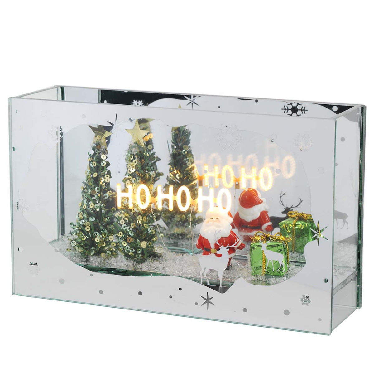 Bagutta Vetrinetta Natalizia LED in Vetro con Due Babbi Natale e Scritta Ho Ho Ho 20x6x12 cm