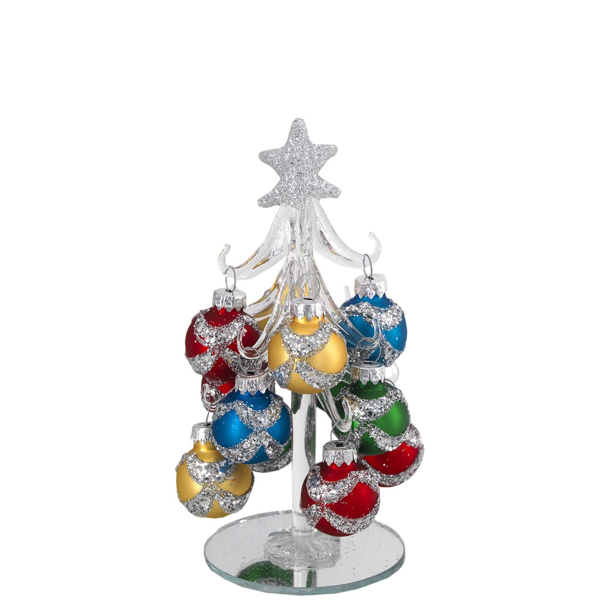 Bagutta Albero di Natale 17 cm in Vetro Trasparente a Fasce Glitter con Palline Multicolore