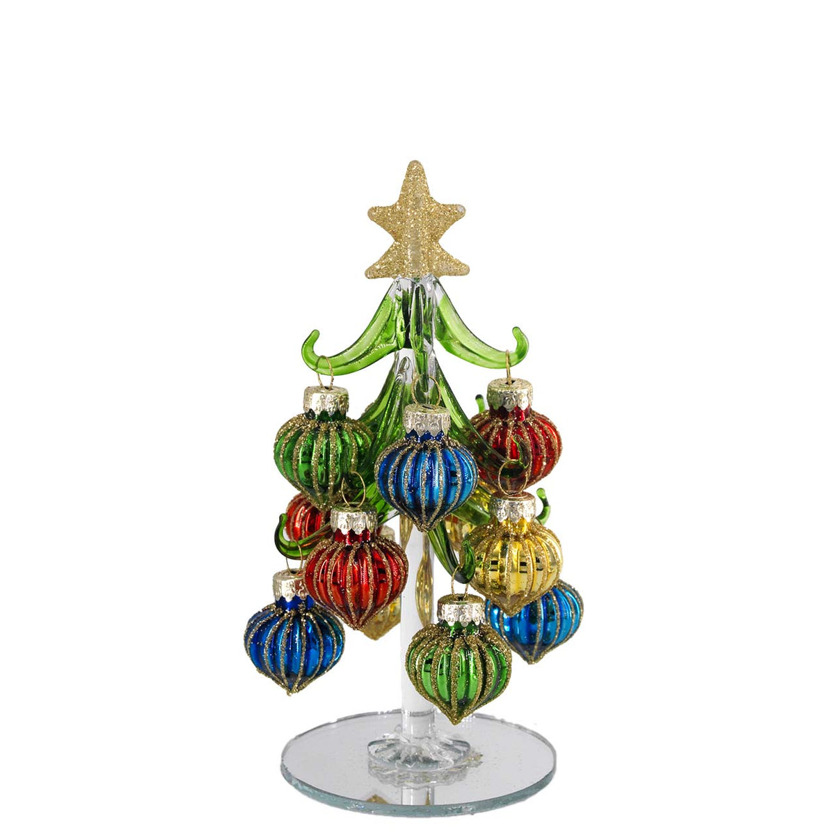 Bagutta Albero di Natale 17 cm in Vetro Verde a Righe con Palline Multicolore
