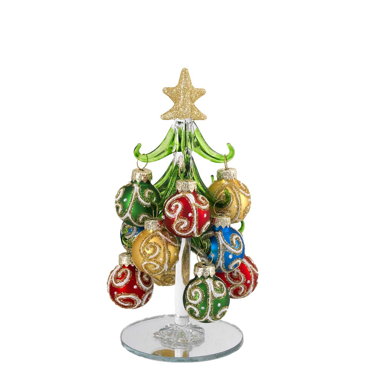 Bagutta Albero di Natale 17 cm in Vetro Verde a Spirale con Palline Multicolore