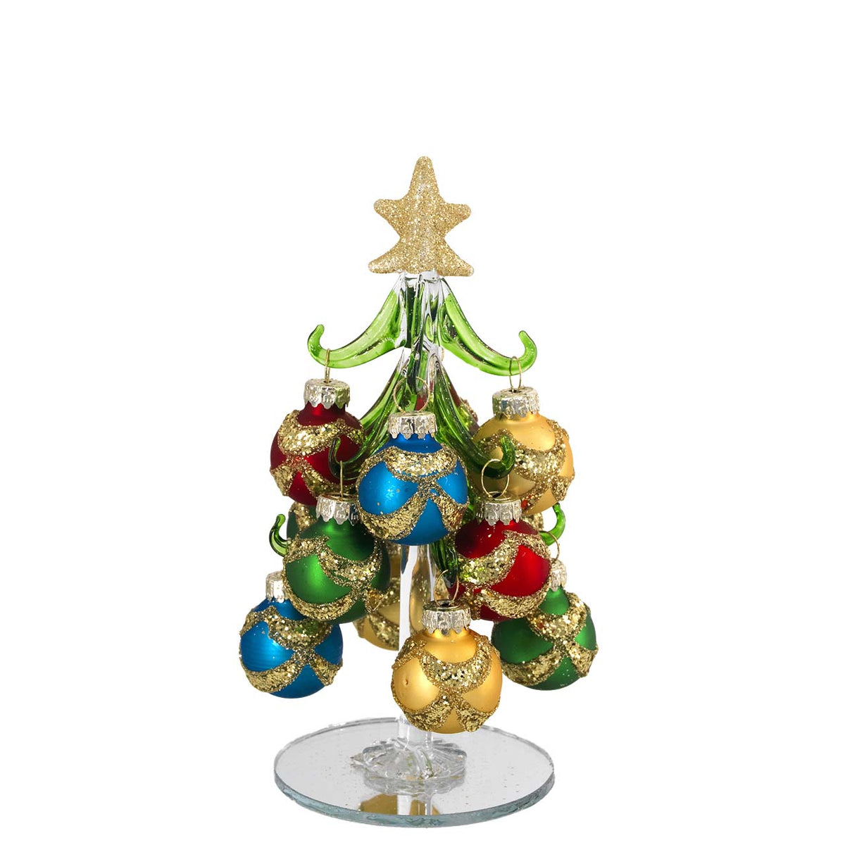 Bagutta Albero di Natale 17 cm in Vetro Verde a Fasce Glitter con Palline Multicolore