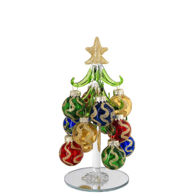 Bagutta Albero di Natale 17 cm in Vetro Verde a Onde Glitter con Palline Multicolore