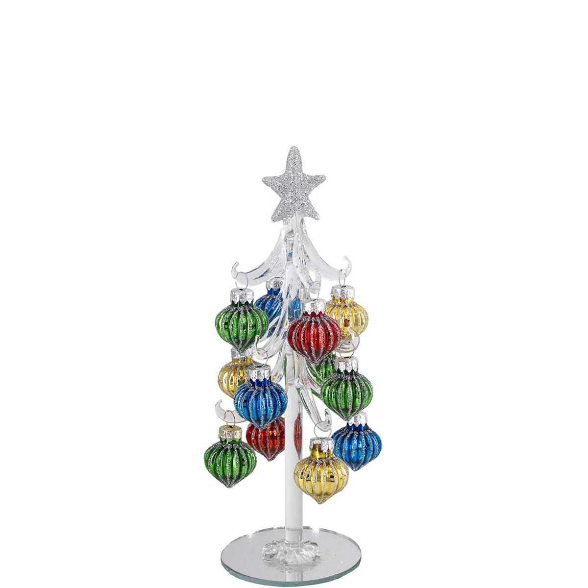 Bagutta Albero di Natale 21 cm in Vetro Trasparente a Righe con Palline Multicolore