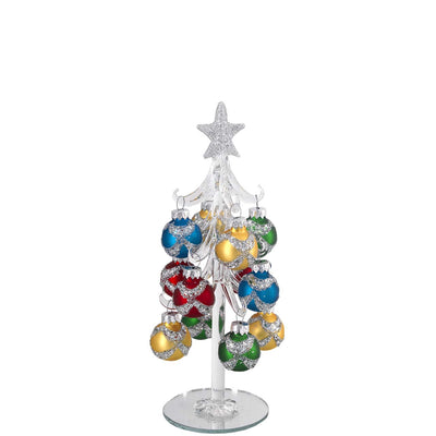 Bagutta Albero di Natale 21 cm in Vetro Trasparente a Fasce Glitter con Palline Multicolore