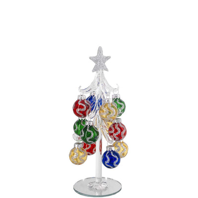 Bagutta Albero di Natale 21 cm in Vetro Trasparente a Onde Glitter con Palline Multicolore