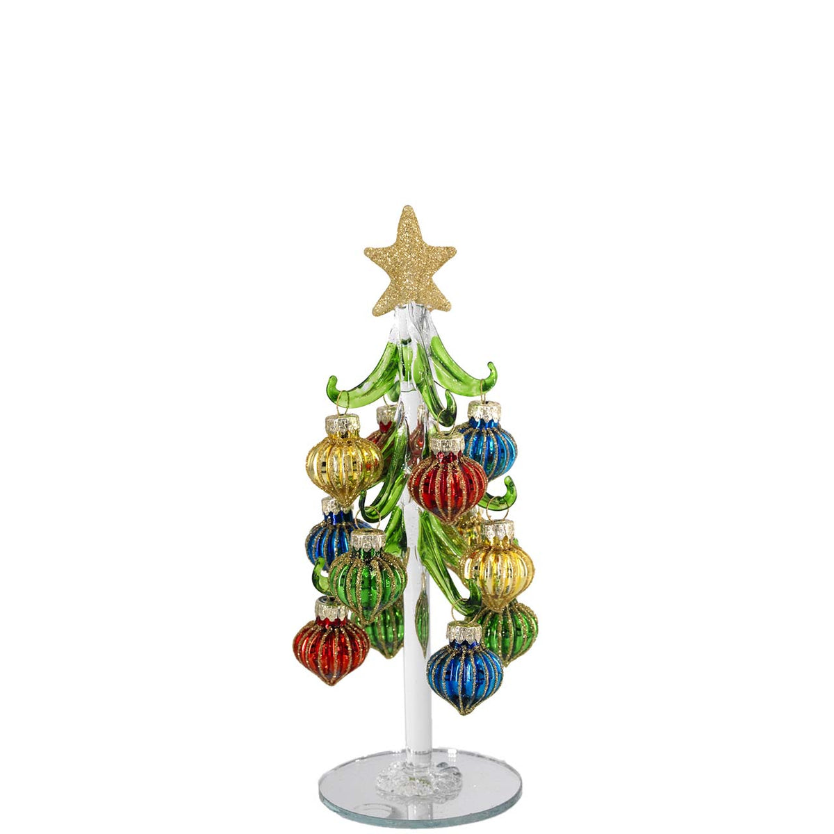 Bagutta Albero di Natale 21 cm in Vetro Verde a Righe con Palline Multicolore