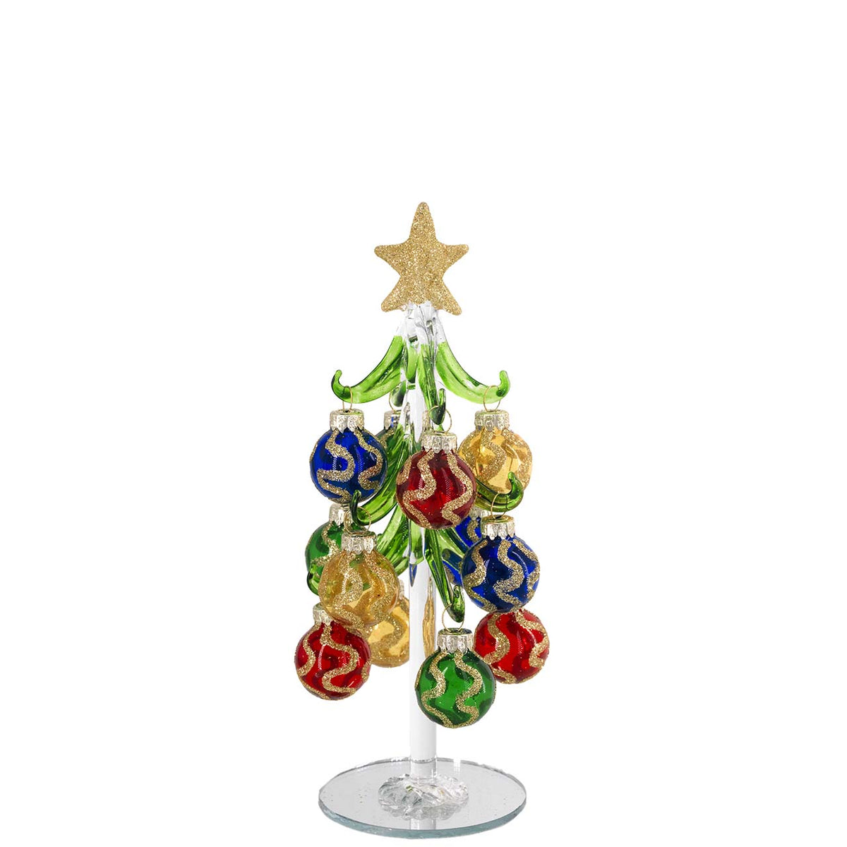 Bagutta Albero di Natale 21 cm in Vetro Verde a Fasce Glitter con Palline Multicolore