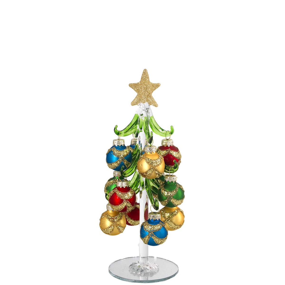 Bagutta Albero di Natale 21 cm in Vetro Verde a Onde Glitter con Palline Multicolore