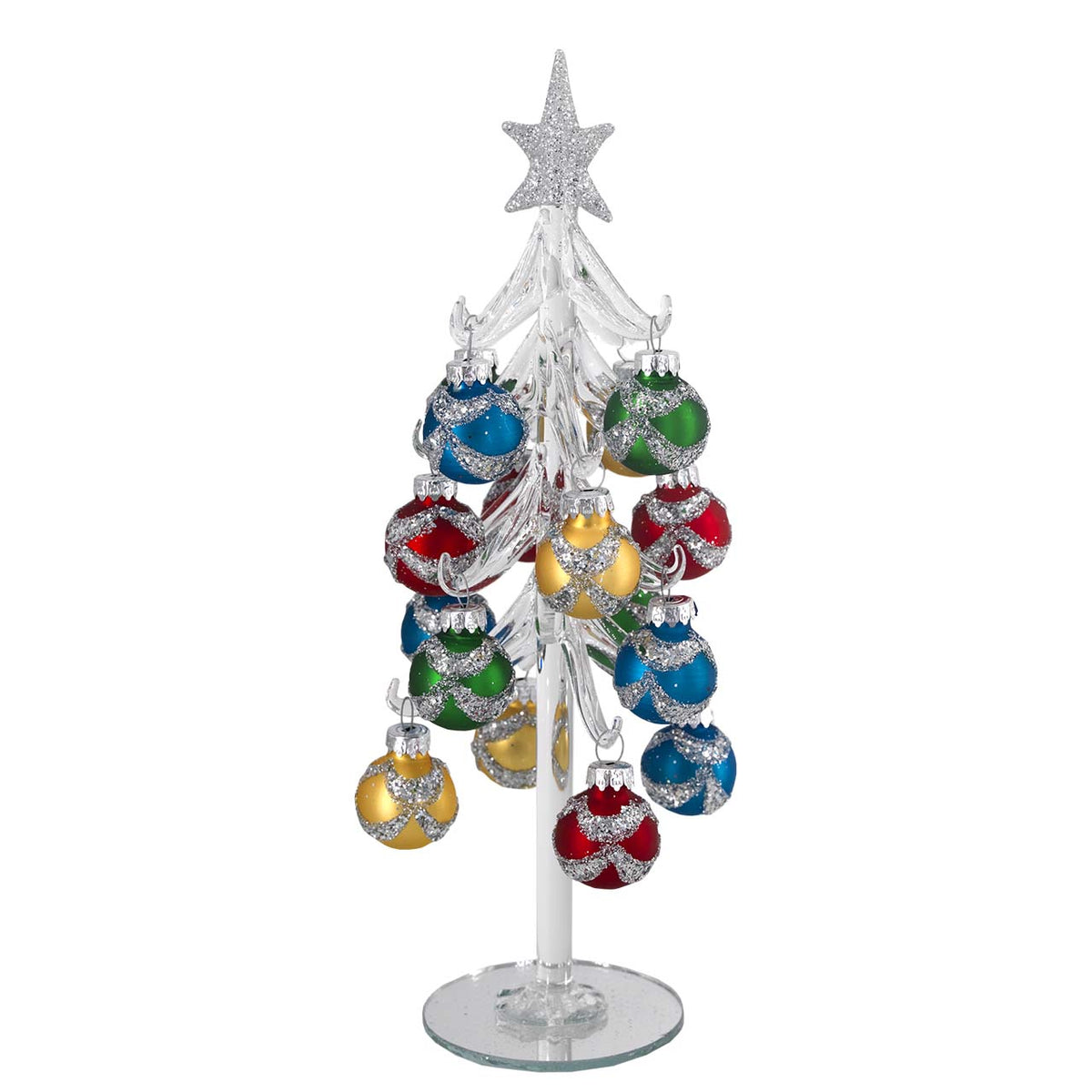 Bagutta Albero di Natale 26 cm in Vetro Trasparente a Fasce Glitter con Palline Multicolore