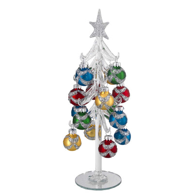 Bagutta Albero di Natale 26 cm in Vetro Trasparente a Fasce Glitter con Palline Multicolore