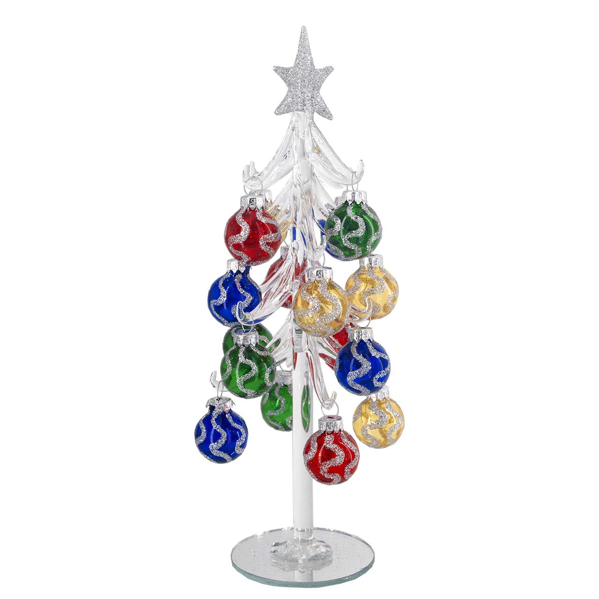 Bagutta Albero di Natale 26 cm in Vetro Trasparente a Onde Glitter con Palline Multicolore