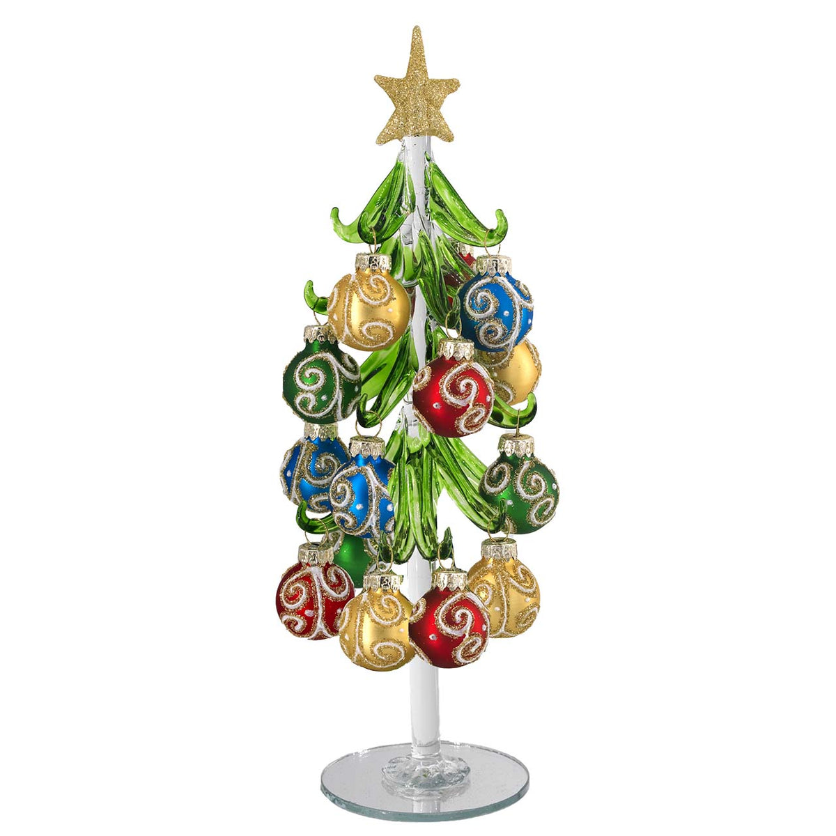 Bagutta Albero di Natale 26 cm in Vetro Verde a Spirale con Palline Multicolore