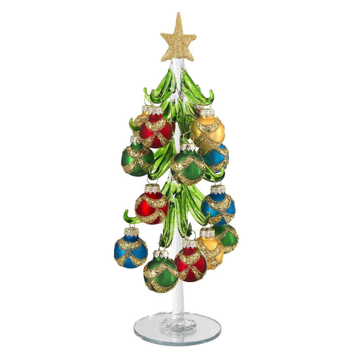 Bagutta Albero di Natale 26 cm in Vetro Verde a Fasce Glitter con Palline Multicolore