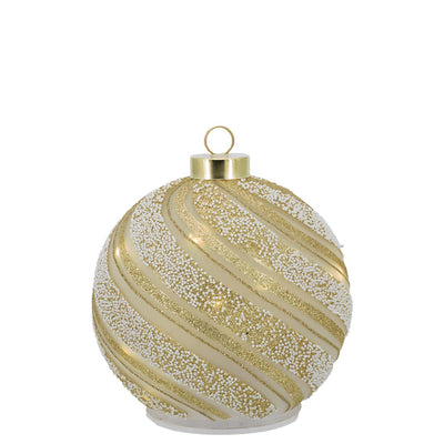 Bagutta Sfera Natalizia Girevole LED 15x16 cm Avorio e Oro con Motivo a Spirale