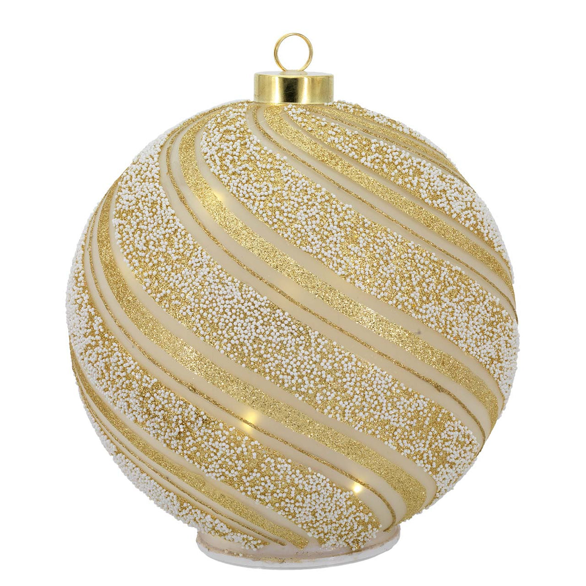 Bagutta Sfera Natalizia Girevole LED 20x22 cm Avorio e Oro con Motivo a Spirale