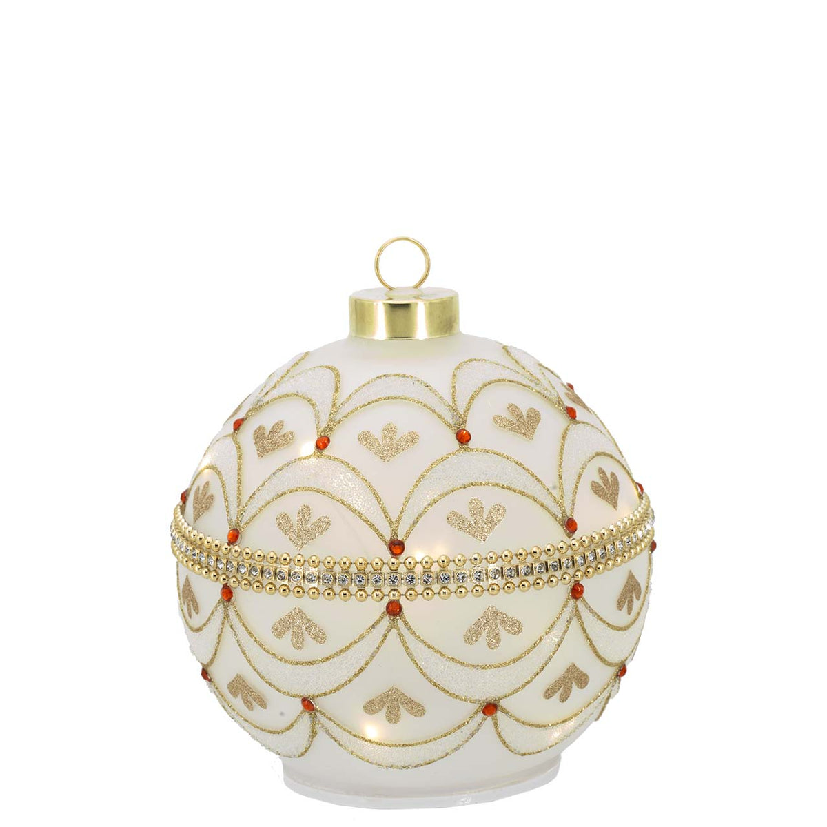 Bagutta Sfera Natalizia Girevole LED 15x16 cm Avorio e Oro con Scaglie e Gemme Rosse