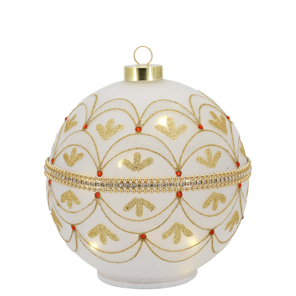 Bagutta Sfera Natalizia Girevole LED 18x19 cm Avorio e Oro con Scaglie e Gemme Rosse