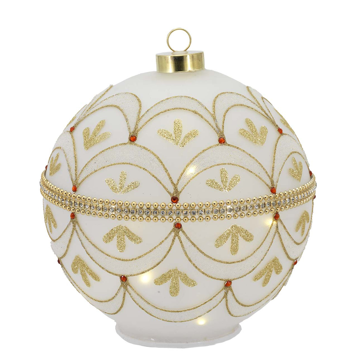 Bagutta Sfera Natalizia Girevole LED 20x22 cm Avorio e Oro con Scaglie e Gemme Rosse