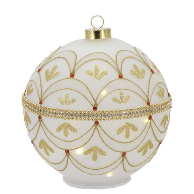 Bagutta Sfera Natalizia Girevole LED 20x22 cm Avorio e Oro con Scaglie e Gemme Rosse