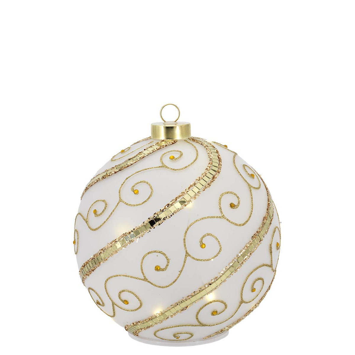 Bagutta Sfera Natalizia Girevole LED 15x16 cm Avorio e Oro con Riccioli e Fasce Specchiate