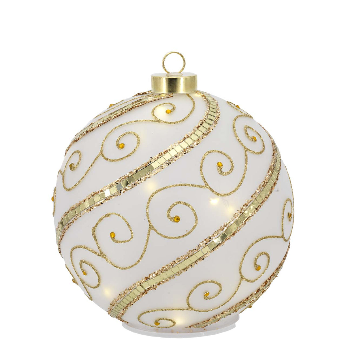 Bagutta Sfera Natalizia Girevole LED 18x19 cm Avorio e Oro con Riccioli e Fasce Specchiate