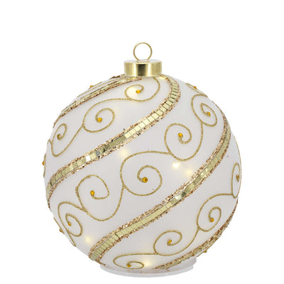Bagutta Sfera Natalizia Girevole LED 18x19 cm Avorio e Oro con Riccioli e Fasce Specchiate